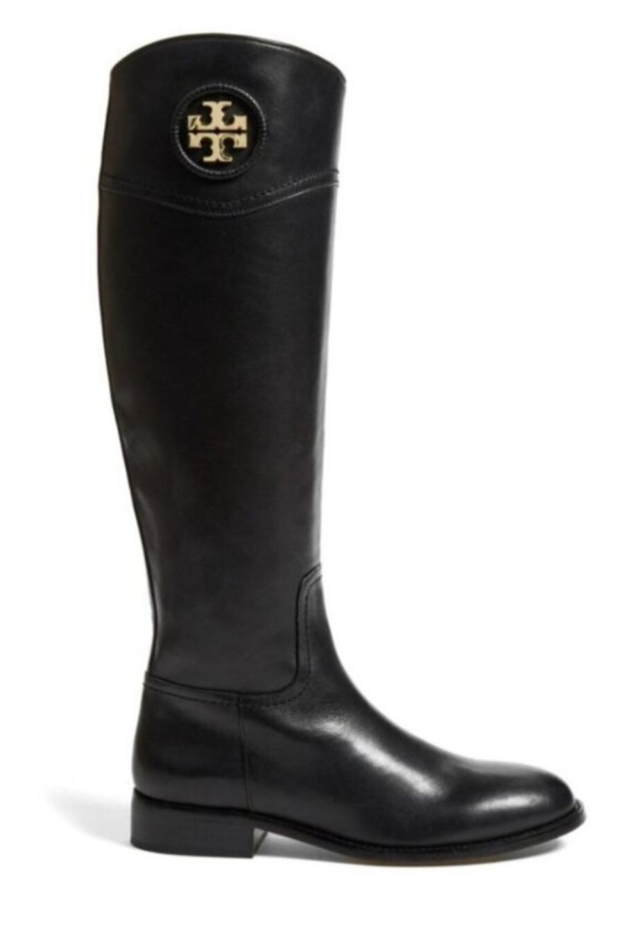 Tory Burch Black Leather Tall Riding Boots with Gold Logo